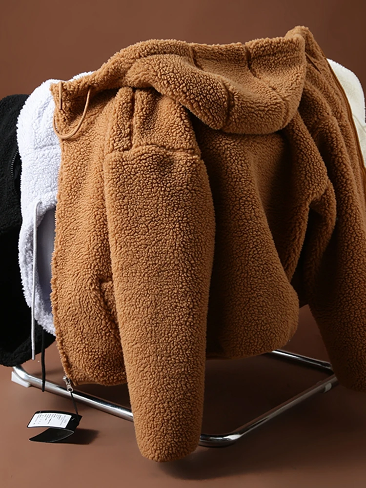 

Men's Autumn Winter Fce Lined Windproof Hooded Jaet Lamb Velvet Long Sve Outdoor Warm Coat for Couples Faion Ci S...