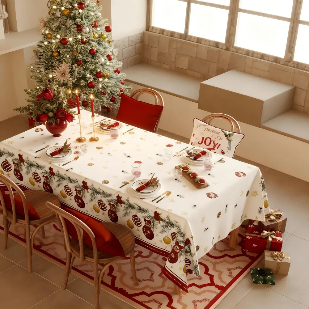 Christmas Snowman Printed Tablecloth, Red Rectangular Xmas Table Cover for Home Kitchen Dining Table Holiday Party Decor Navidad