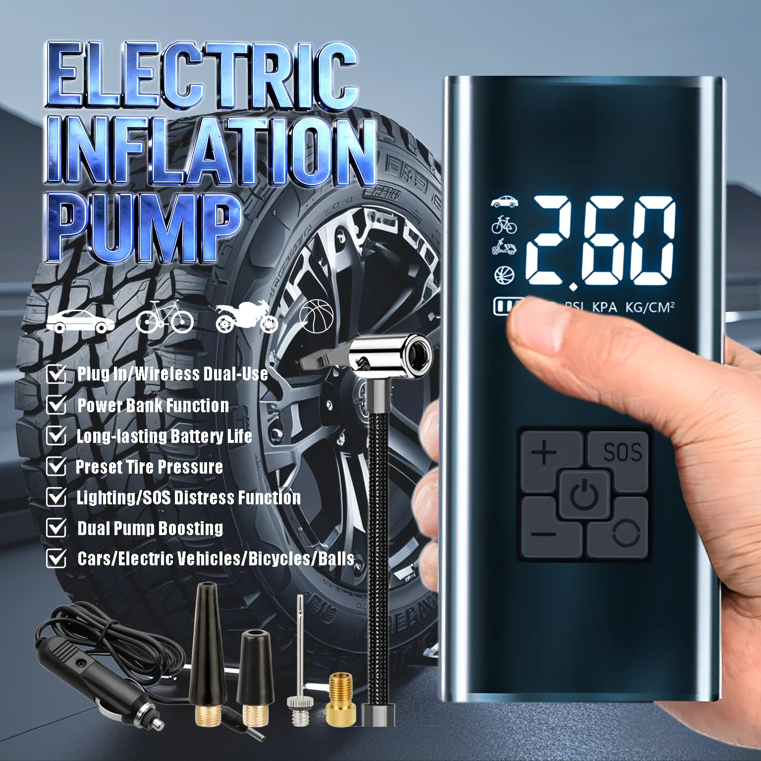 

Автомобильный беспроводной воздушный насос, электрический насос для накачивания шин, компрессор, перезаряжаемый портативный насос для транспортных средств, шарики, аккумулятор для мотоцикла