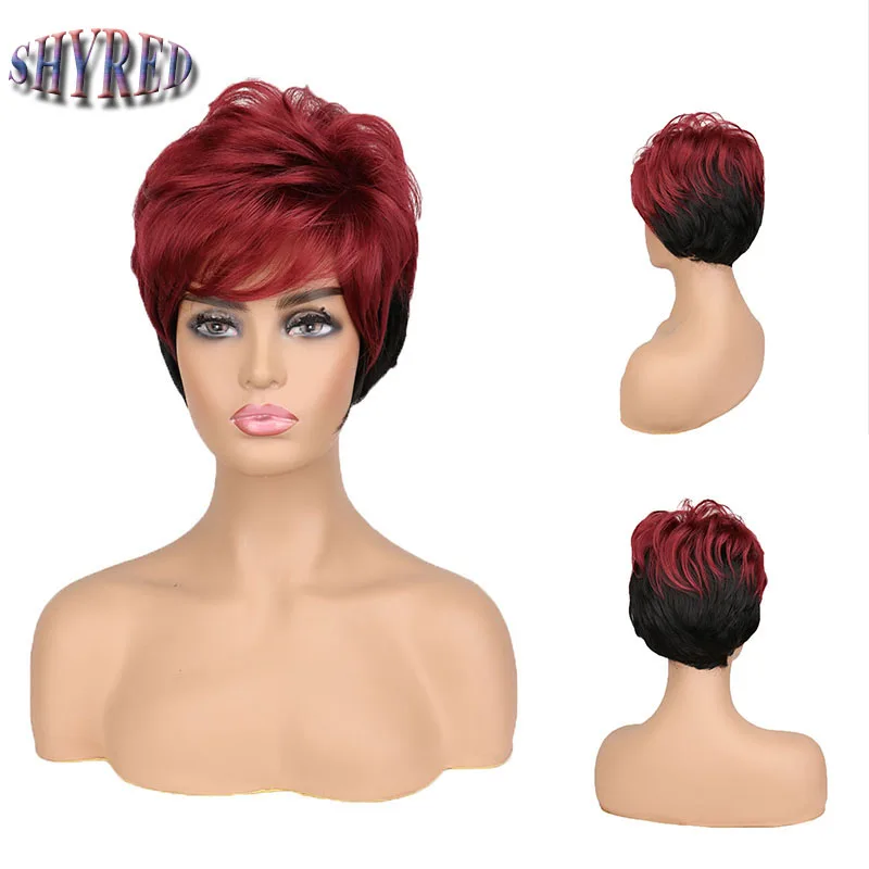 

Короткие синтетические натуральные волнистые парики, женские волосы с вырезами фея, пышный, красный, винно-коричневый парик для женщин, термостойкий парик