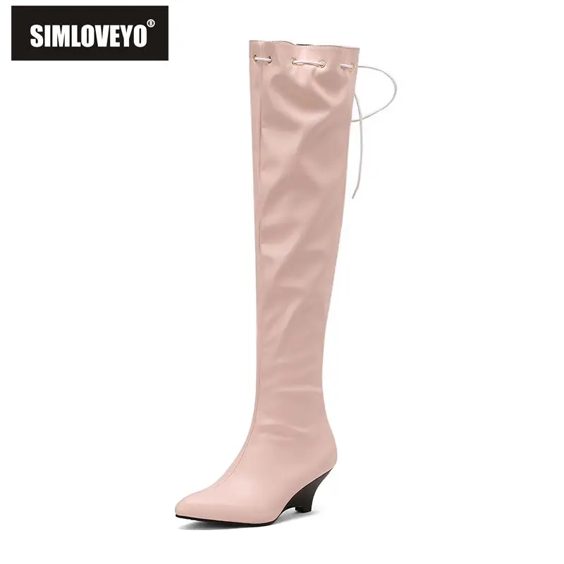 

SIMLOVEYO 2025 пикантные женские сапоги до бедра с острым носком на танкетке 6,5 см без шнуровки на шнуровке размера плюс 46 47 48 модная вечеринка стрейч Bota