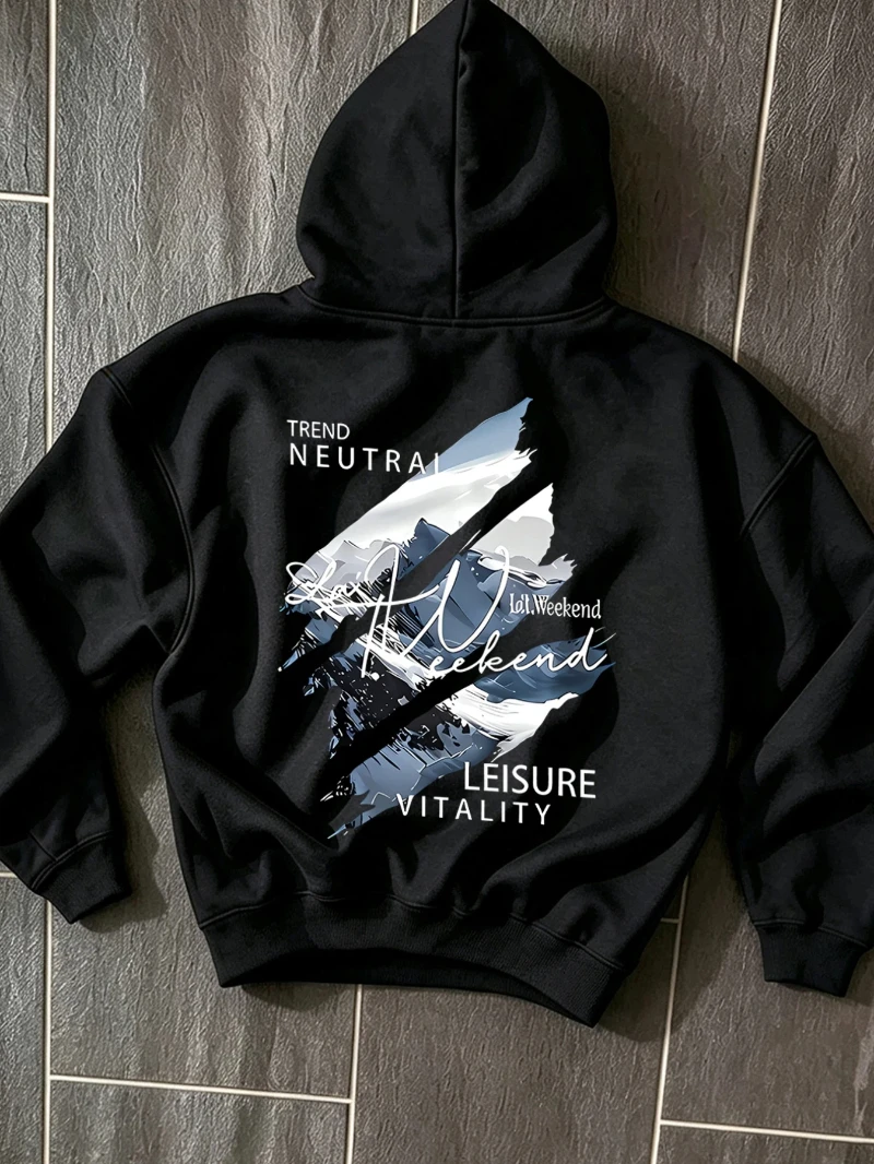 Men Oversized Hooded Sweatshirt Abstract Brush Mountain Letter Graphic Casual Pullover Sports Hoodie Modern Art Streetwear