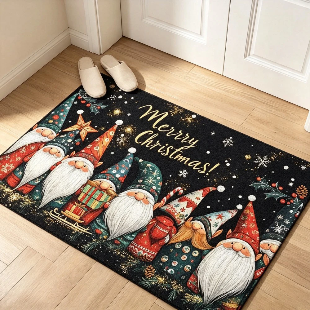 Jingle Bells Gold Bell Mat Red Bow Pine Branch Snowflake Print Non Slip Washable Floor Mat For Christmas Front Porch Decor