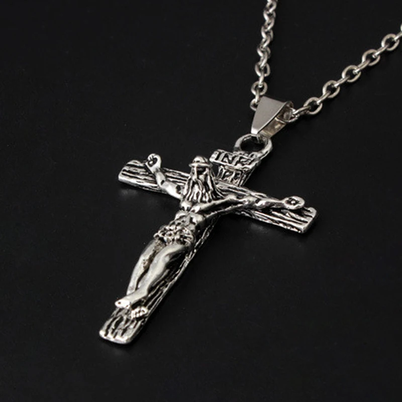 Vintage Christian Amulet Religious Jesus Cross Necklace Crucifix Pendant Handsome Men Stainless Steel Chain Necklace Jewelry