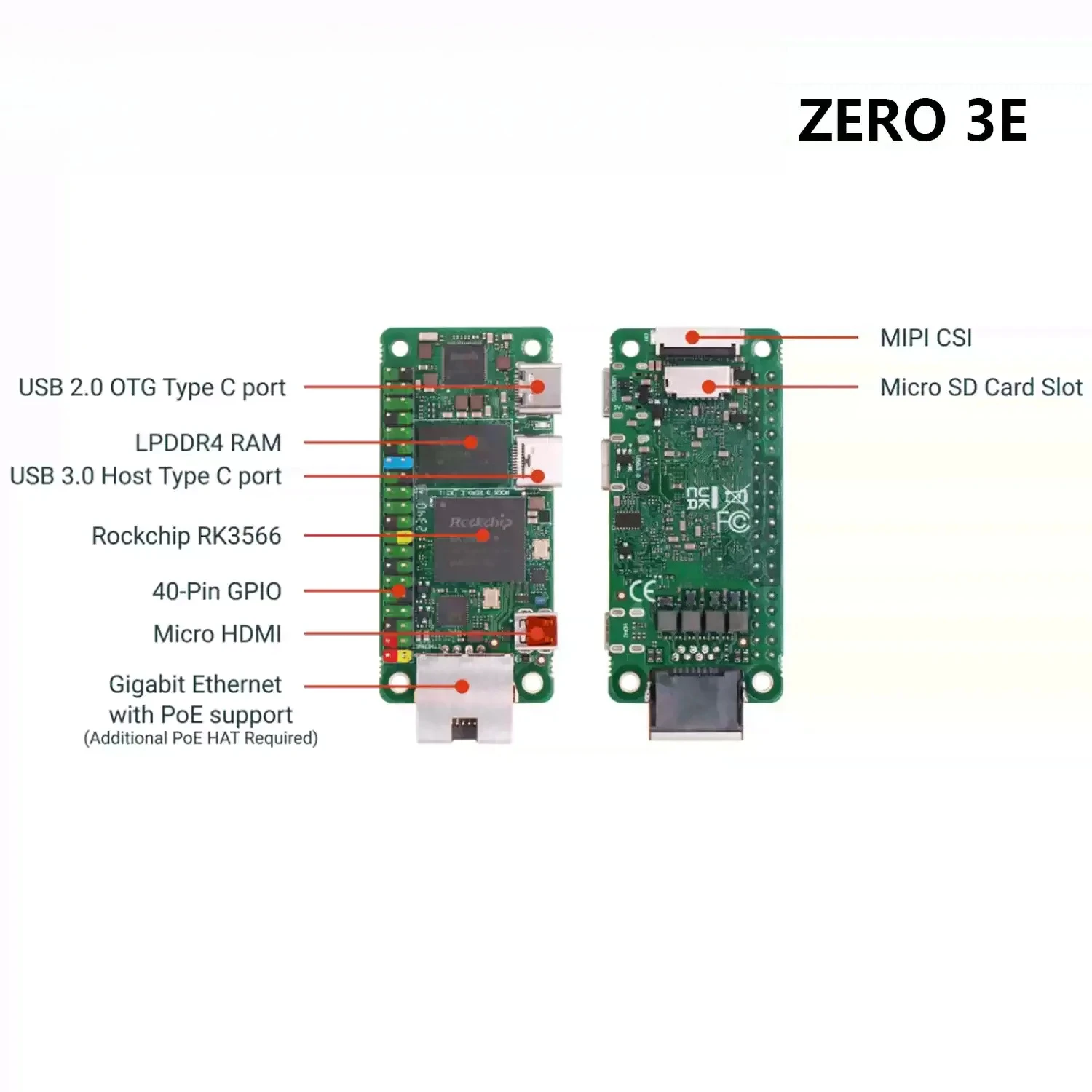 For ZERO 3E Development Board, RK3566 Quad Core CPU, Single Board Computer Motherboard, GPU Supported