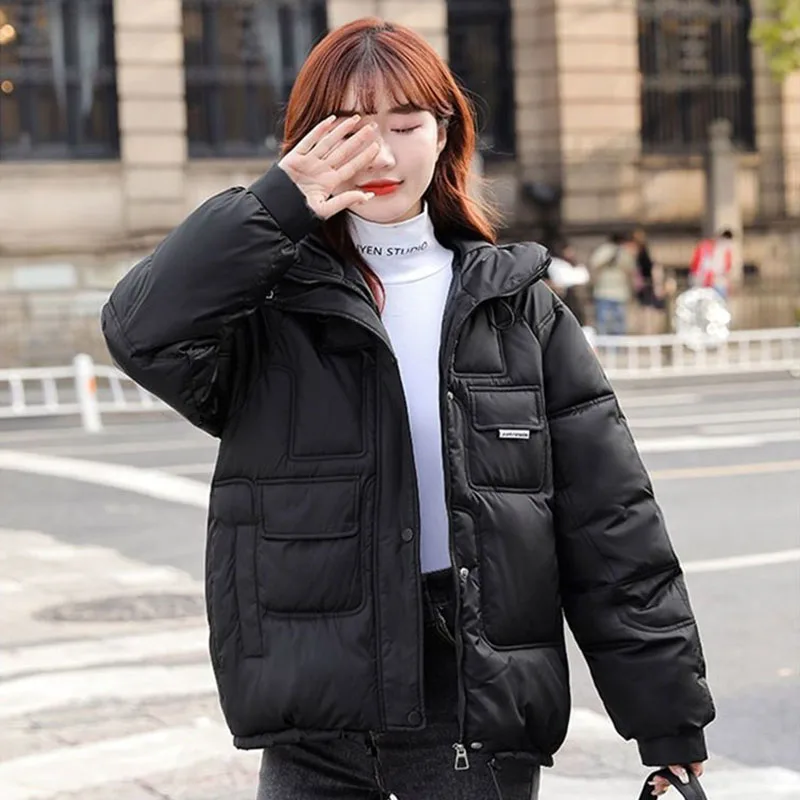 

Women Winter Parkas Jacket Hooded Thick Warm Down Cotton Korean Fashion Coat Female Solid Loose Pocket Design Zipper Outwear