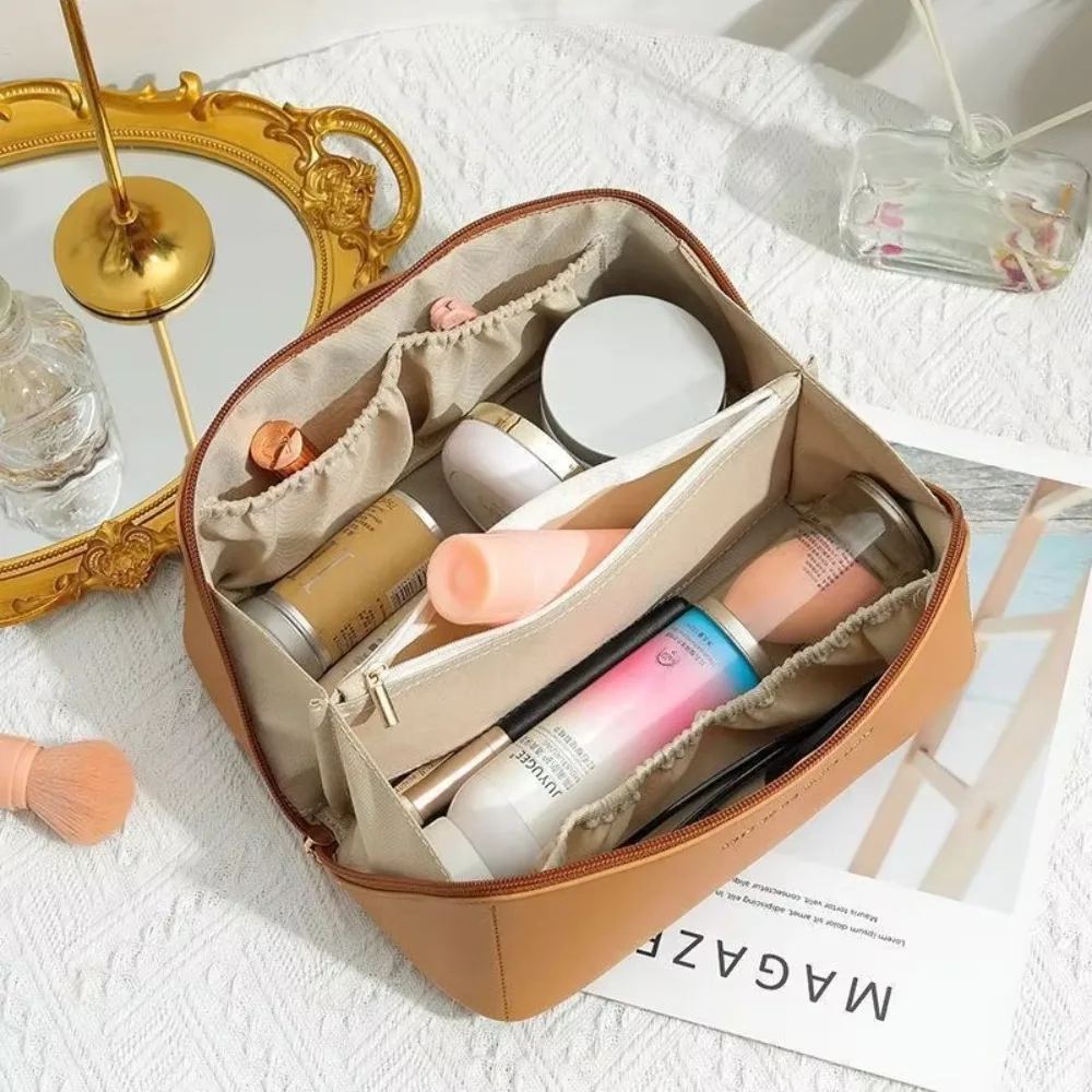 PU Leather Cosmetic Bag, Portable Large‑Capacity Pillow‑Shaped Makeup Pouch, Simple Waterproof Travel Toiletry Storage Bag