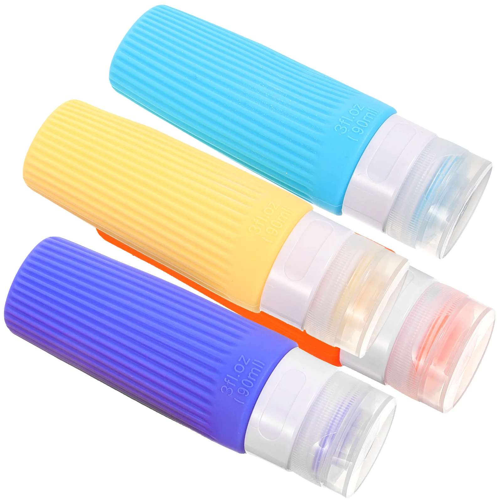 

4 Pcs 90ml Silicone Travel Bottles Leak Proof Toiletry Containers Shampoo Lotion Gym Camping Blue Yellow Orange Colors