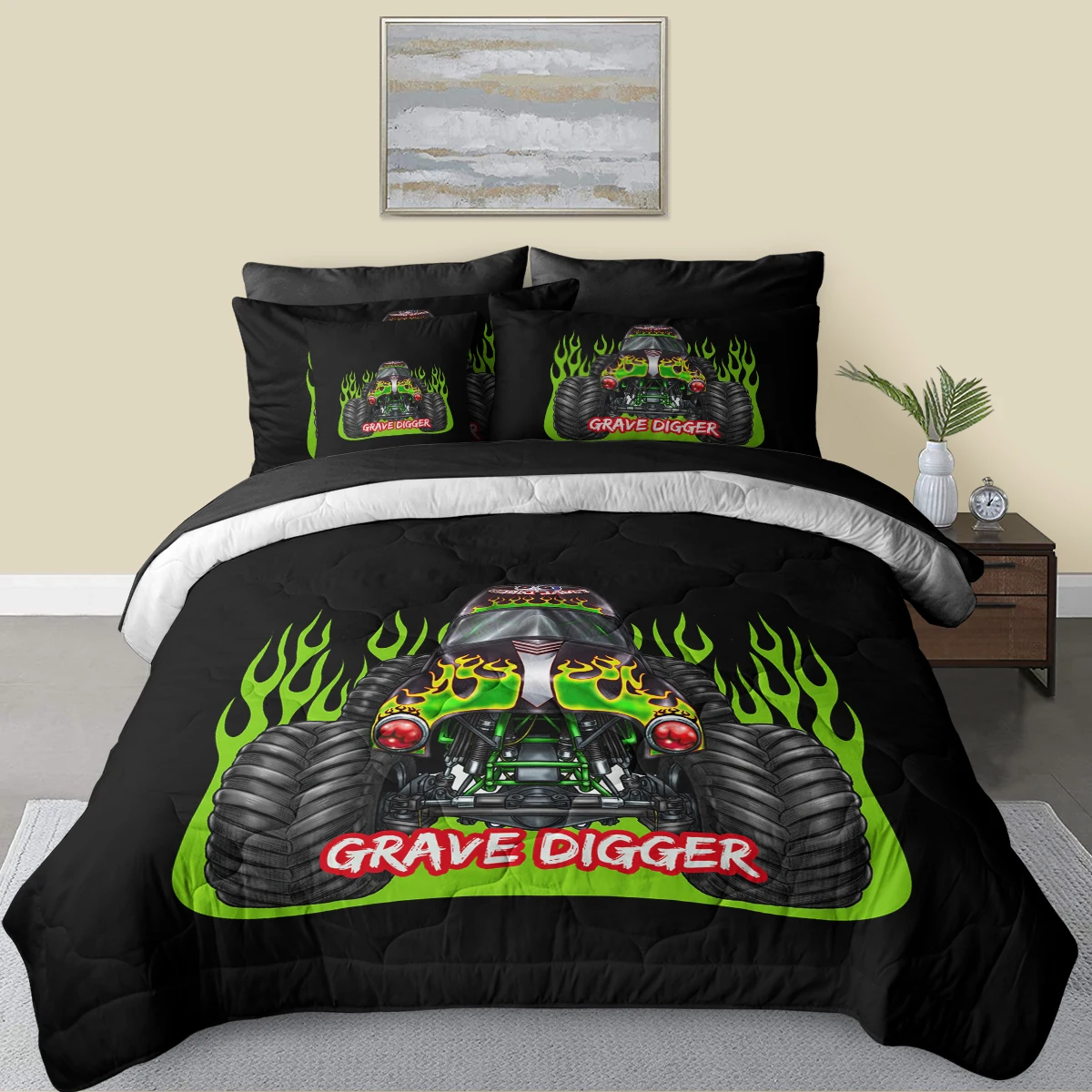 8 Piece Cool Racing Car with Green Fire Printed Comforter Set with Black Flat Sheet Home Decor Suitable for All Seasons