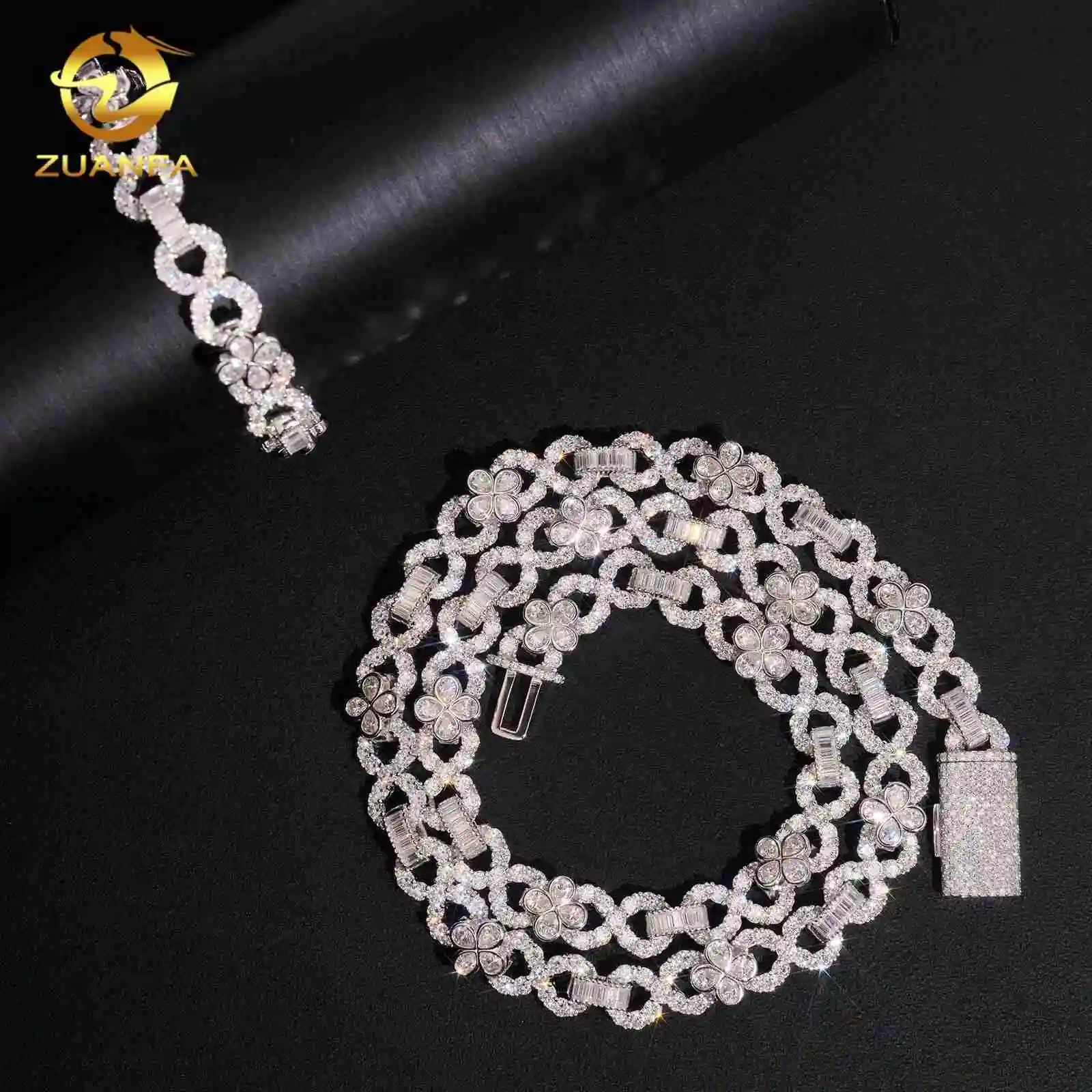Design New Hip Hop Jewelry 10mm Infinite Cuban Link Moissanite 925 Silver Iced Out Moissanite Cuban Chain with Flower.