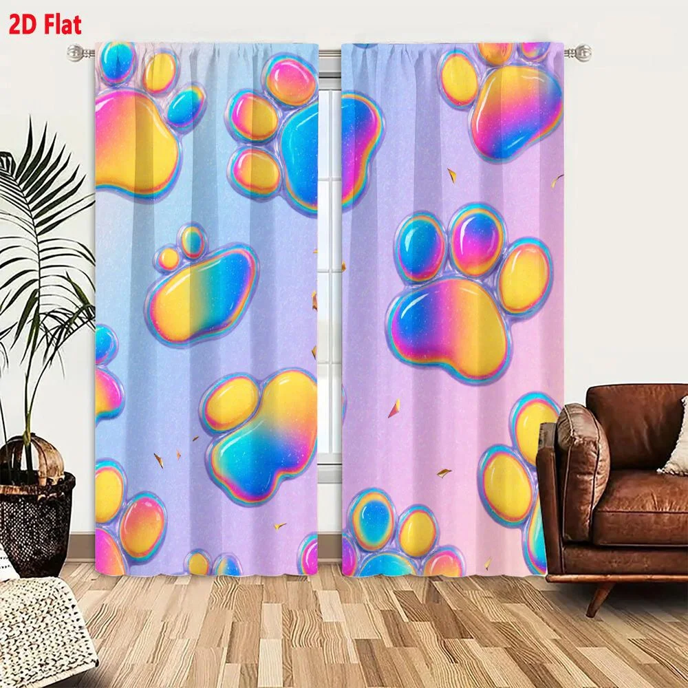2Pcs Curtains 2D Flat Glossy Iridescent Paw Prints Pattern On Soft Pastel Purple And Blue Background With Gradient Yellow Pink B