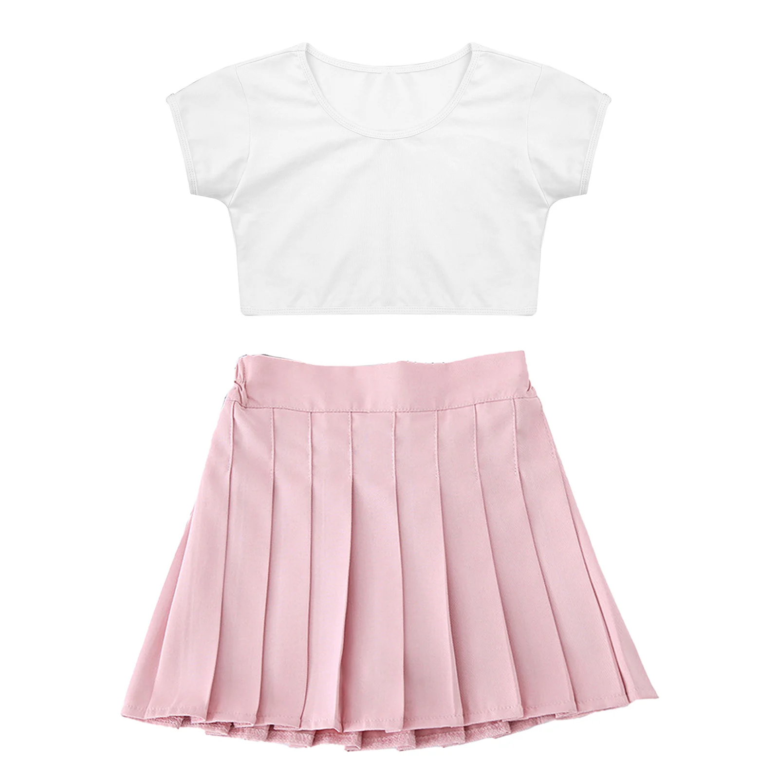 Kids Girls Summer Suit Solid Color Short Sleeves T-shirt Crop Top+Pleated Skirt 2 Pcs Set for Cheerleading Dance Sports Beach