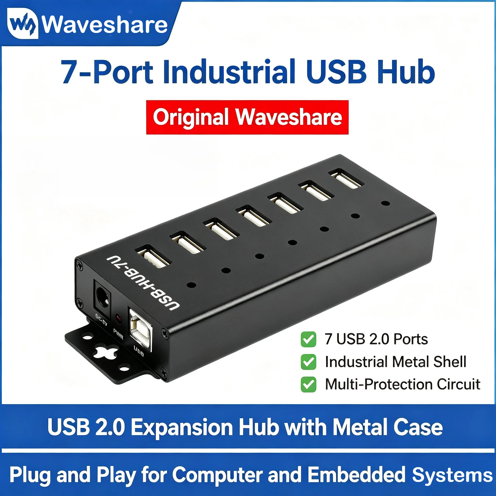 Waveshare 7‑Port USB Hub, USB2.0 Interface Expansion Hub Adapter, Industrial‑Grade Metal Housing