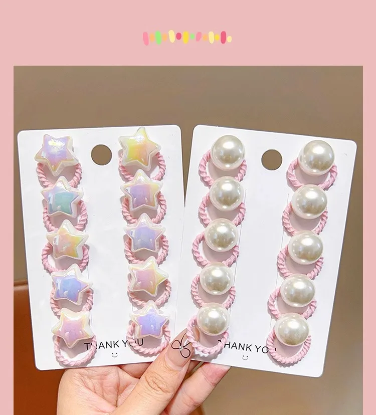 10-teiliges Set mit elastischen Haargummis für Kinder, Perlen-/Herz-/Stern-Haarbänder, schmerzfreie Pferdeschwanzhalter für Mädchen, Haarschmuck für den Alltag und Partys – Detail 4