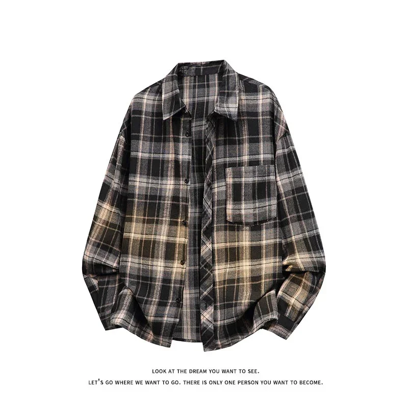 Fashion Men Tie Dye Plaid Shirt Long Sleeve Cotton Blend Casual Top Streetwear Urban Wear Spring Summer Shirt for Daily Outfit