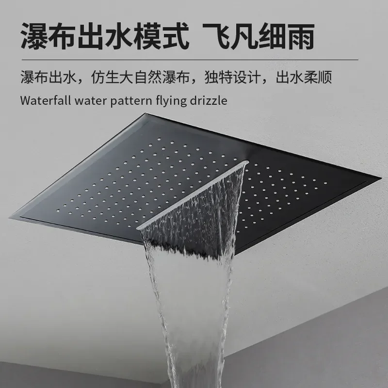 Matte Black Square Shower Head for Hotel Light Luxury Shower Set All Copper Concealed Constant Temperature Shower System