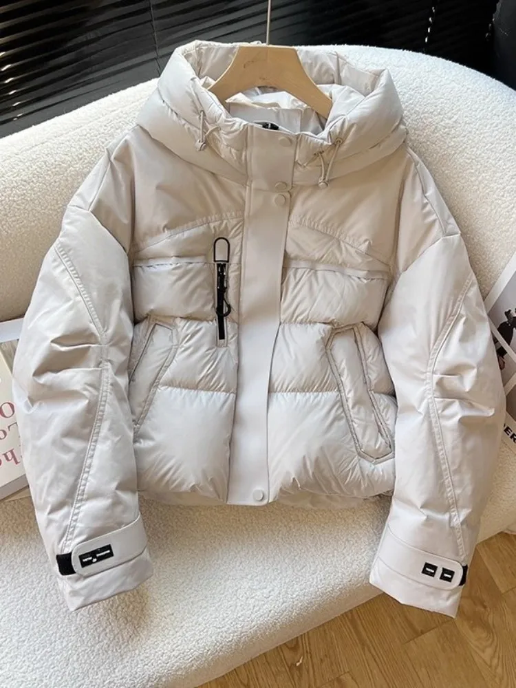 Autumn Winter Womens Puffer Jacket Short Hooded Down Coat Zippers Workwear Thick Warm Outerwear Loose Fit Fashion Solid Coats