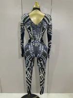 Sexy Shiny Silver Sequins Mirror Black Spandex Jumpsuit 2025 Women Prom Dancer Singer Costume Evening Birthday Show Stage Outfit - Image 3