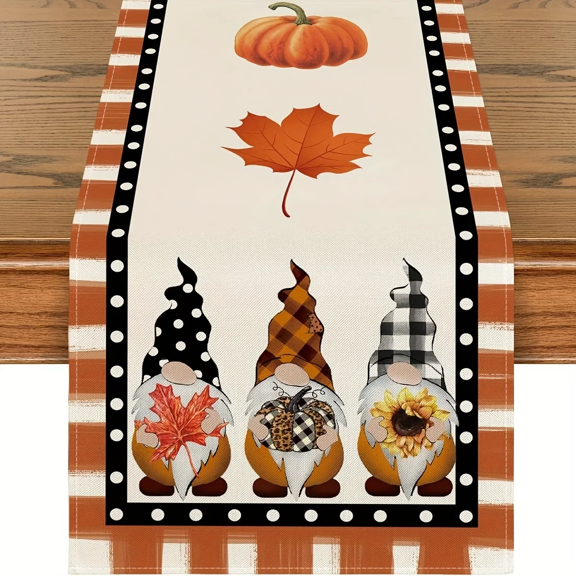 1 Piece of Autumn Dwarf Pattern Table Runner, Painted Pumpkin, Maple Leaf, Plaid Dwarf, Suitable for Restaurant, Home, Harvest Party, Market Decoration.