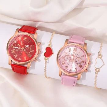 4 pçs moda simples conjunto relógios de luxo das mulheres dos homens relógio de quartzo de couro para mulheres negócios casual pulseira relógio de pulso