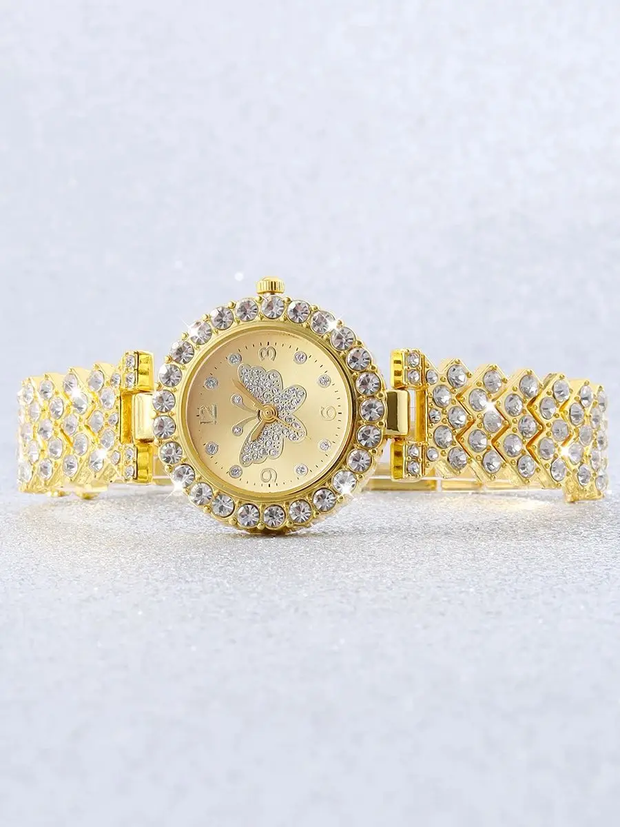 Gold diamond-filled Butterfly ladies quartz watch with a cross Cuban chain gift party set