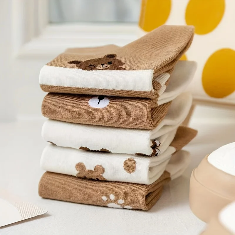 10 pairs of women's cartoon bear pattern socks - soft, breathable, elastic casual socks with cute bear faces