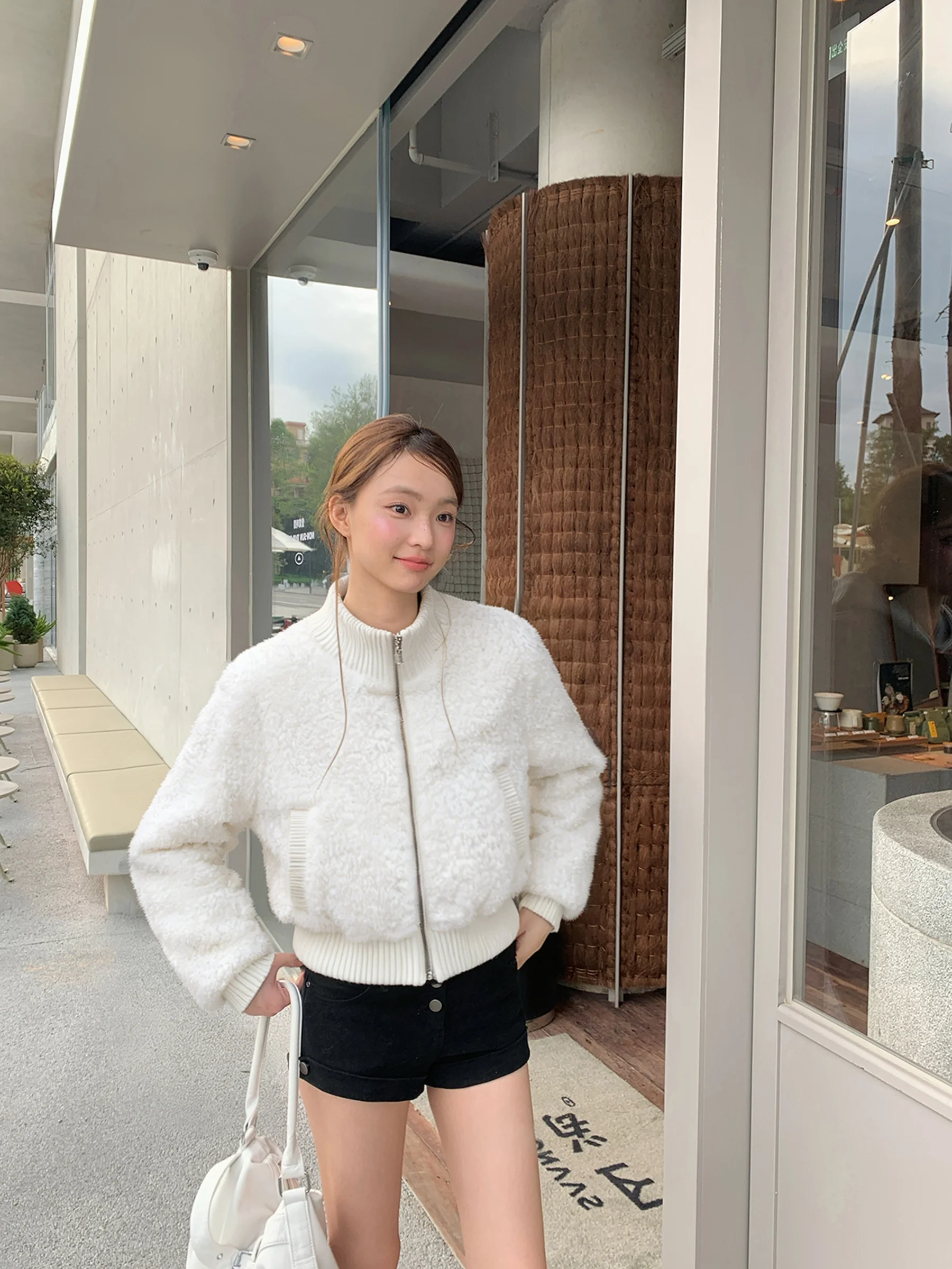 

White Fce Jaet Women's Small Size Winter New Warm ort Stand Collar Jaet Lamb Fur Sweatirt Zipper Long Sve