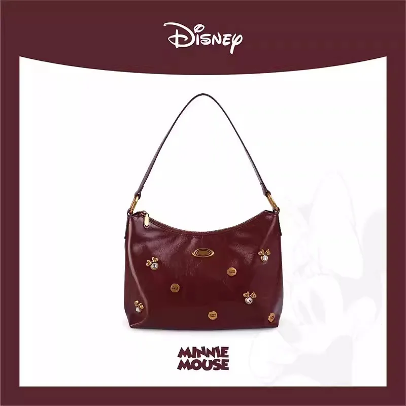 Disney Minnie Cherries Red Oil Wax Leather Underarm Bag Diamond Inlaid Tote Bag Fashionable Shoulder Bag For Commuting Women Bag