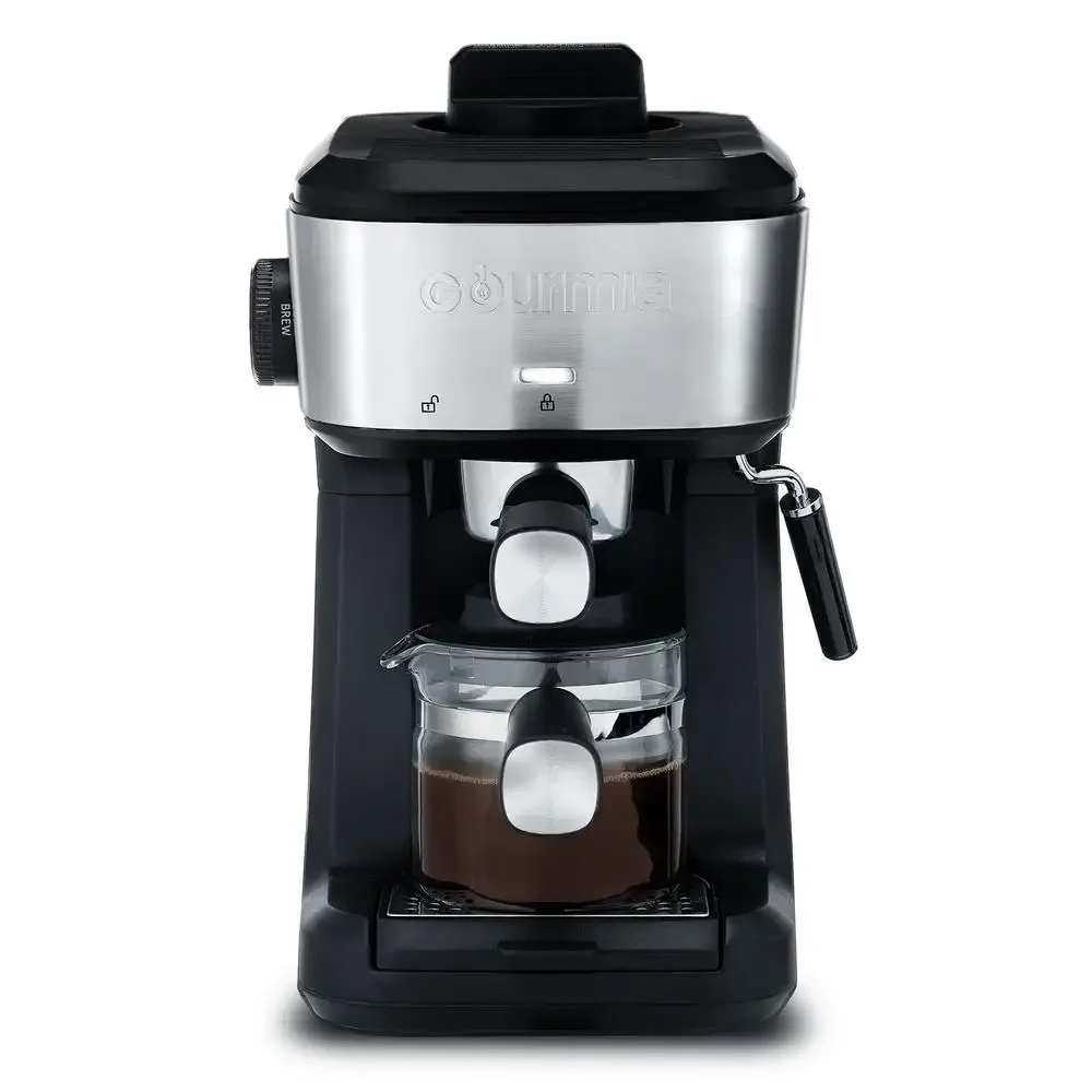 Espresso Cappuccino Latte Maker Brews 4 Shots Frothing Wand Glass Carafe Black Stainless Steel