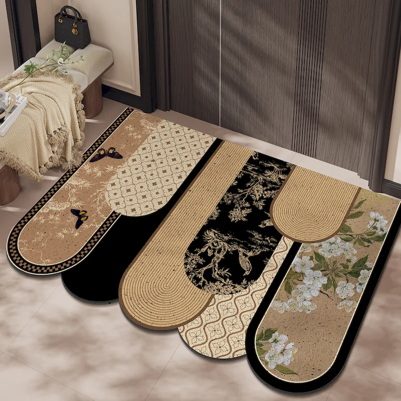 VIKAMA Antique Vintage Flower Carpet Anti slip Dust Removal Arched Door Mat Entrance Art Printed Floor Mat Porch Home Decoration