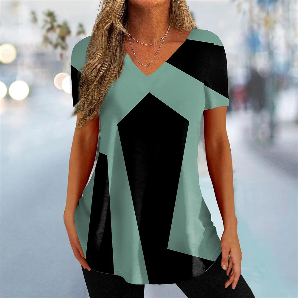 Nowa damska koszulka z nadrukiem krzywizny, dekolt w serek, modna odzież uliczna, damska odzież codzienna, letnia koszulka z krótkim rękawem, wkładana przez głowę dla kobiet.