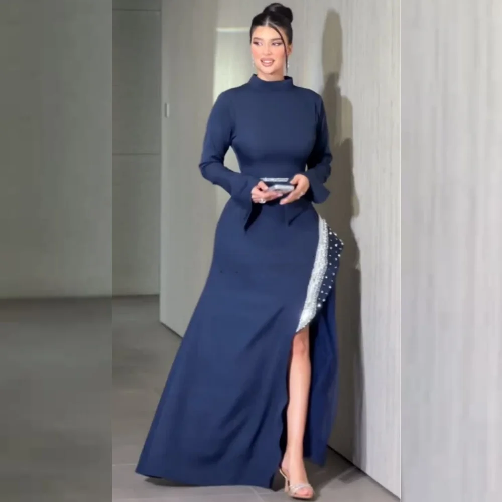 

Customized Casual Exquisite Jersey Sequined Pleat A-line High Collar Long Dresses Bespoke Occasion Classic