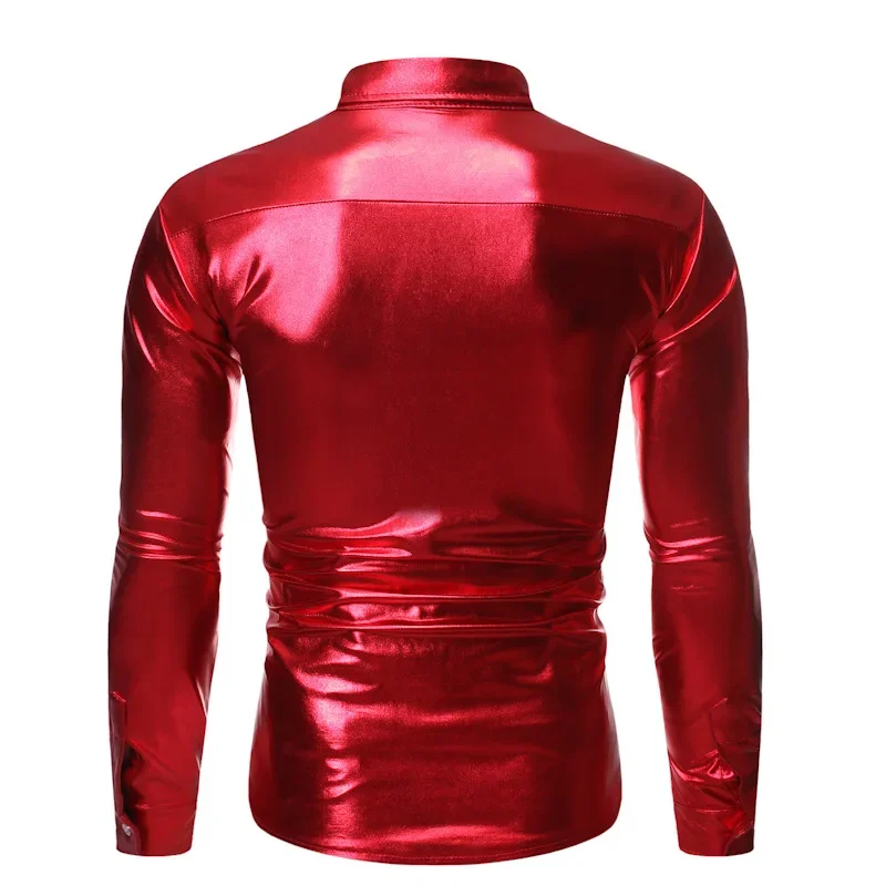 Luxury Red Sequin Metallic Glitter Shirts for Men 2024 New Long Sleeve 70's Disco Party Shirt Male Christmas Halloween Costume