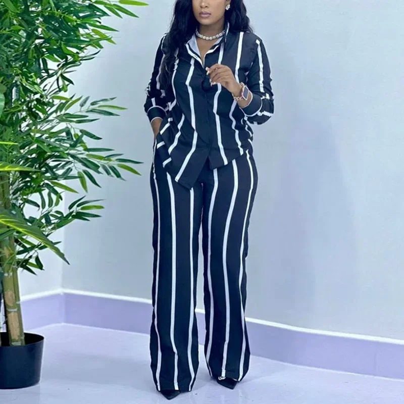 African Fashion 2024 Women Two Piece Set Casual Striped Button Long Sleeved Shirt Wide Leg Pants Two Piece Set Women