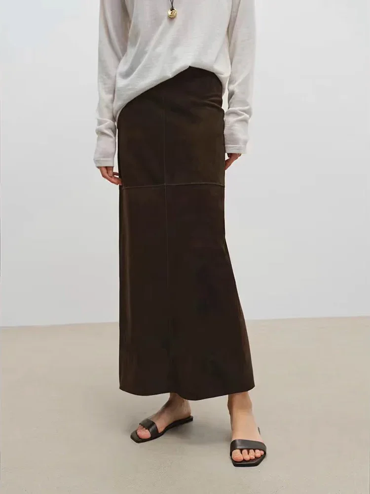 High Grade Suede Real Leather Long Skirt 80cm For Women Upgraded Imported Suede Jupe Back Split Waist Loop Faldas Ankle-Length