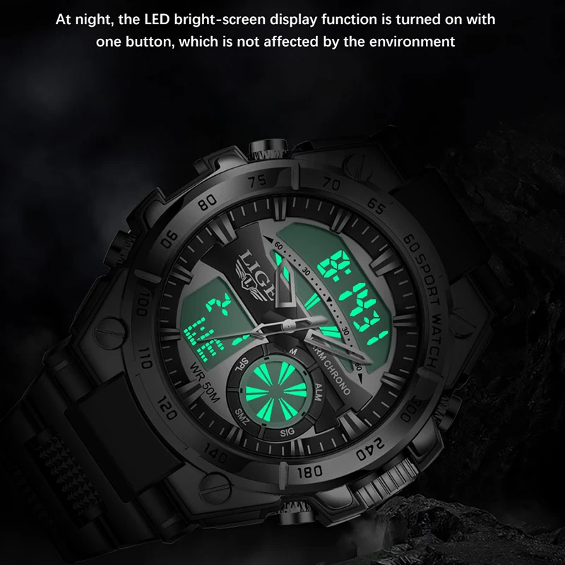 LIGE Top Brand Luxury Electronic Quartz Man Watch Fashion Dual Display Waterproof Luminous Men Watches Week Sports Watch For Men