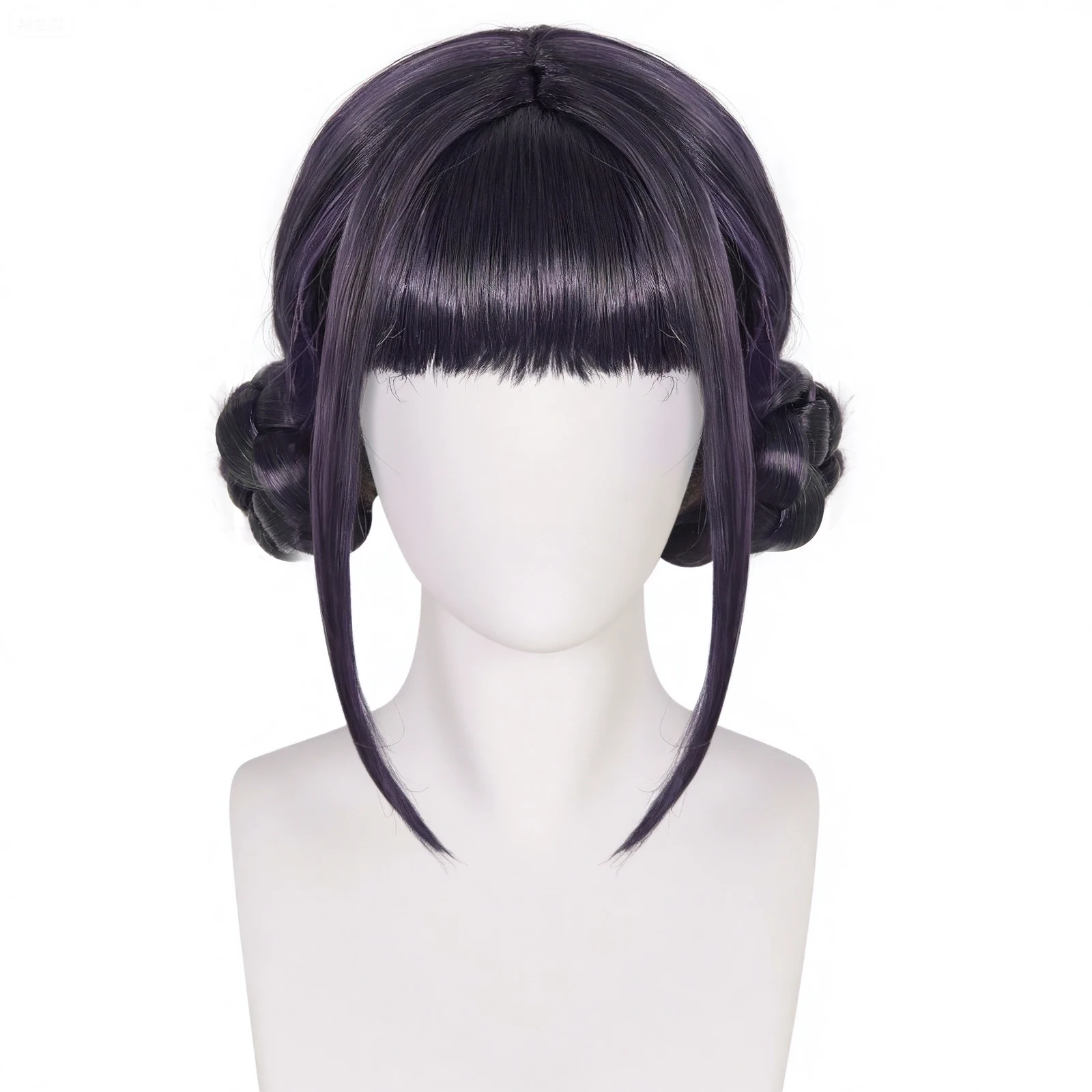 

Synthetic Short Black Purple Mixed Color Cosplay Wig with Bangs & Twin Braid Buns for Women Halloween Party Daily Use
