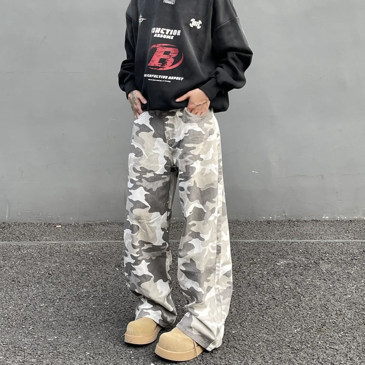 Retro Off-white Desert Camouflage Jeans Men's Straight Tooling Micro-pull Casual Trousers