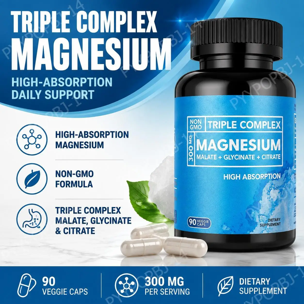 Magnesium Capsules Triple Complex Malate Glycinate Citrate High Absorption 300 Mg (71% DV) Non-GMO Vegan Gluten Free 90 Capsules