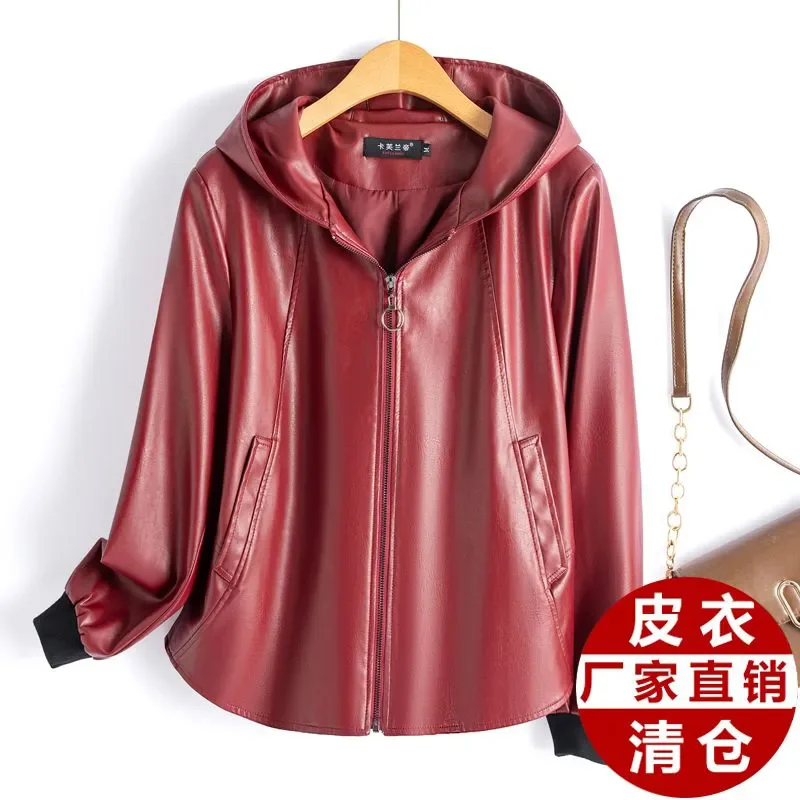 

2026 Fashion Hooded Leather Jacket Women Faux Leather Coat Streetwear Lady Loose Tops Zipper-up Short Outerwear Soft Not Crack