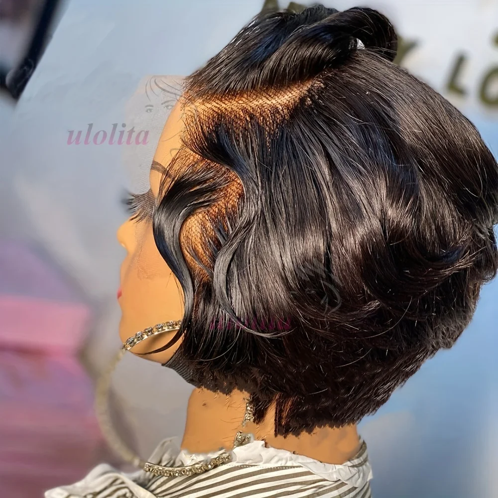 Pixie Cut Echthaarperücken, Salz-und-Pfeffer-Perücken, kurze Bob-Echthaarperücken, sofort tragbar, ohne Klebstoff, 13x4 Lace Frontal Perücken, brasilianisch gewellt – Detail 23
