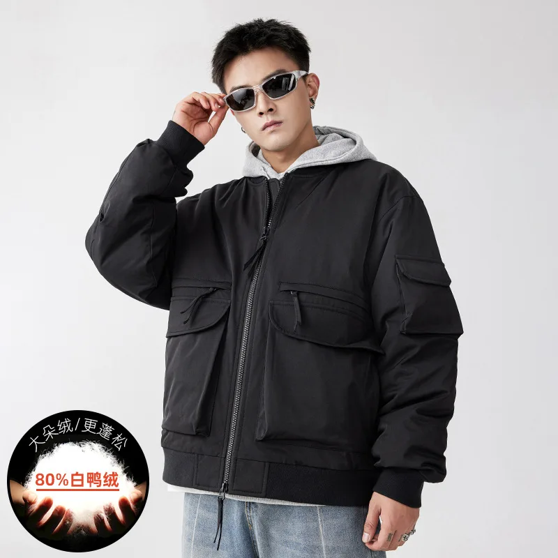 Winter Men 80% White Duck Down Coat Bomber Style Multi Pocket Zipper Warm Oversized Hip Hop Streetwear Jacket