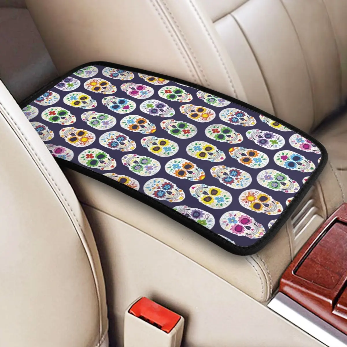 Sugar Skull Car Armrest Cover Mat dia de Los Muertos Mexican Universal Center Console Cover Pad Four Seasons Car Accessories