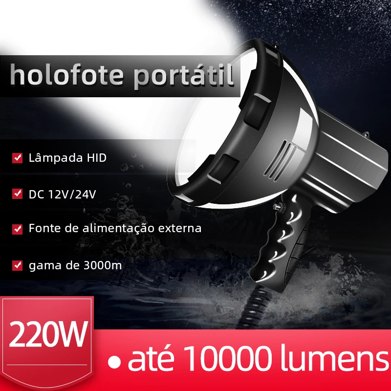 Lanterna poderosa 10000lm 12v holofote de alto lúmen caça holofote 220w tocha holofote de alta potência hid luz de trabalho