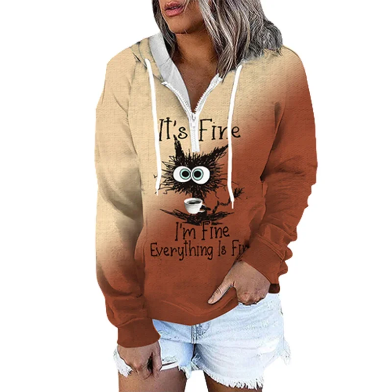 

Cute Cat Cartoon Print Women Hooded Sweatshirt Splicing Kangaroo Pouch Zip Half Open Hoodie Autumn Winter Long Sleeve Outerwear