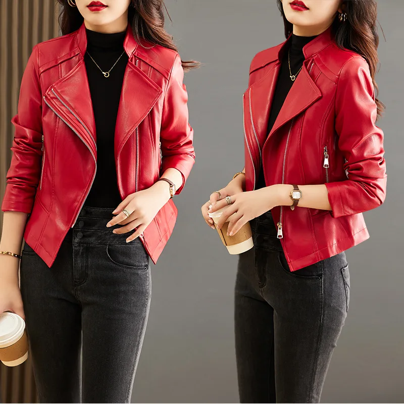 2024 Spring and Autumn New Suit Collar Motorcycle Genuine Leather Coat Women's Short Versatile Sheepskin Jacket Small Coat Women