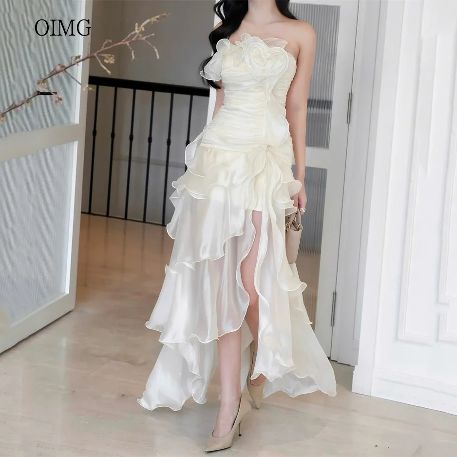 OIMG Elegant Strapless Ruffled A Line Prom Gowns Side Slit Party Gown Floor Length Evening Dress vestidos de gala Customized
