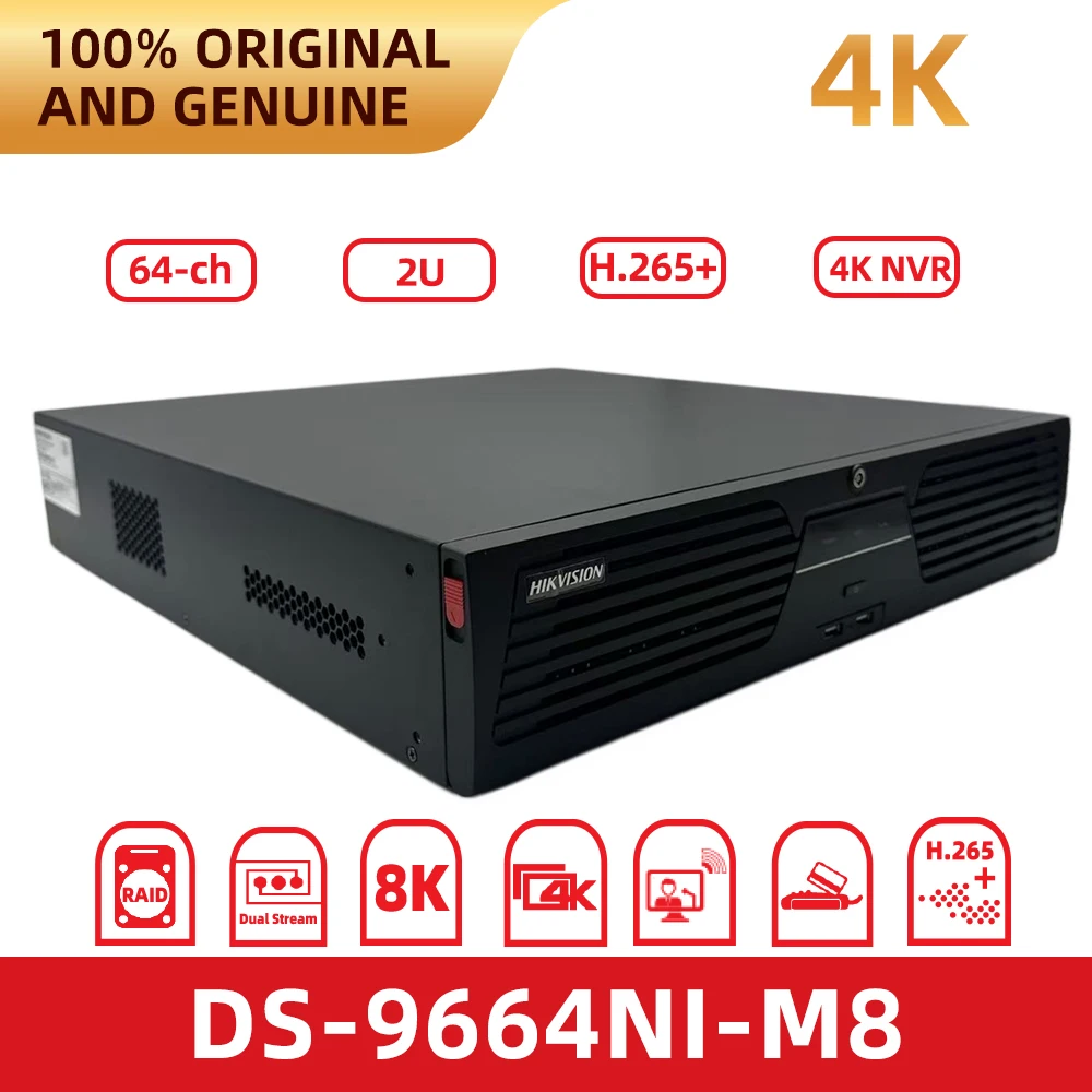 DS-9664NI-M8 Hikvision 64CH 8K NVR 2U Chassis, H.265+ Decoding, 8 SATA Slots RAID Supported, Dual Gigabit Ethernet ONVIF Network