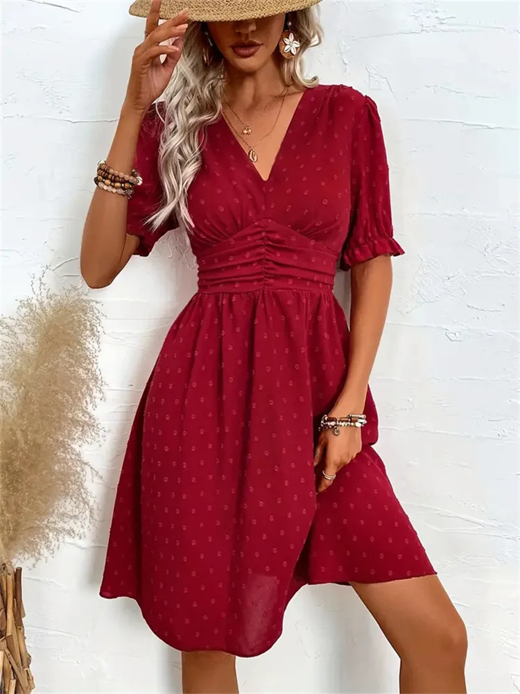 Vestido corto de Jacquard de cintura alta para mujer, prenda de vestir de alta calidad, Color liso, sin mangas