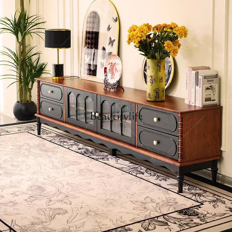 

yj57 French retro solid wood TV cabinet medium antique floor-to-ceiling black TV cabinet American